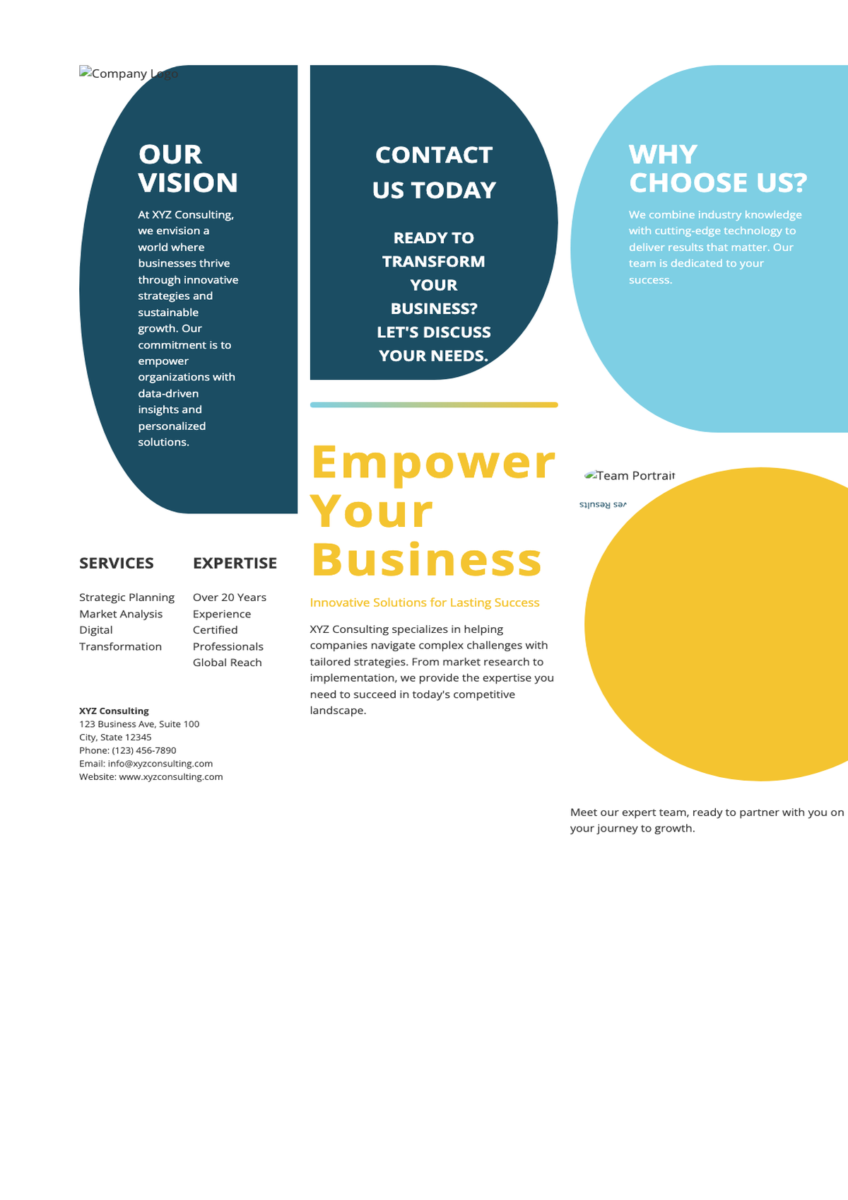 Modern business flyer with circular photo and blue yellow design_variant_3